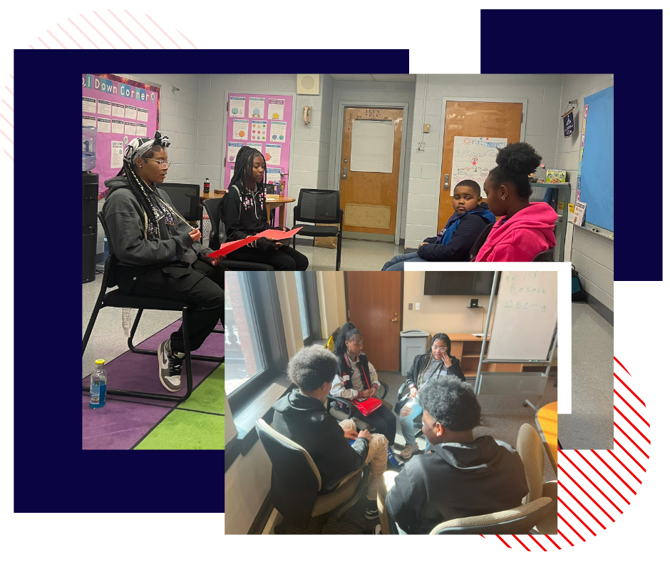 students in a classroom with graphic design shapes behind the pictures