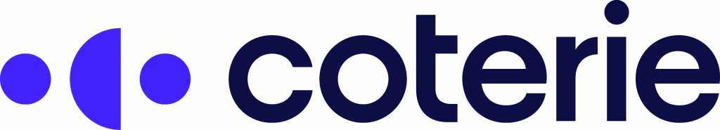 A close up of the word coterie on a white background
