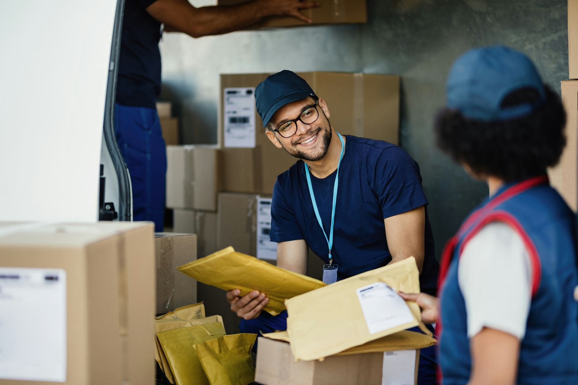 A man is sitting in the back of a truck holding an envelope.