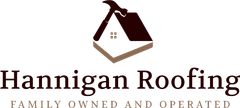 The logo for hannigan roofing is a family owned and operated roofing company.