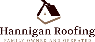 The logo for hannigan roofing is a family owned and operated roofing company.