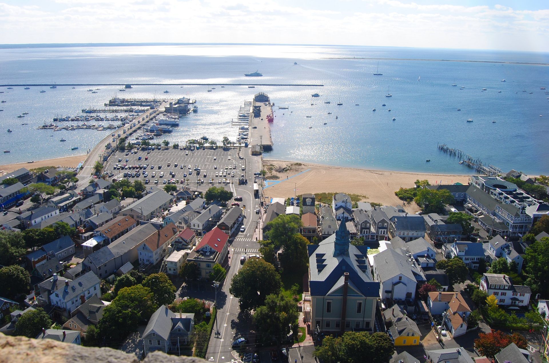An aerial view of a small town near the ocean