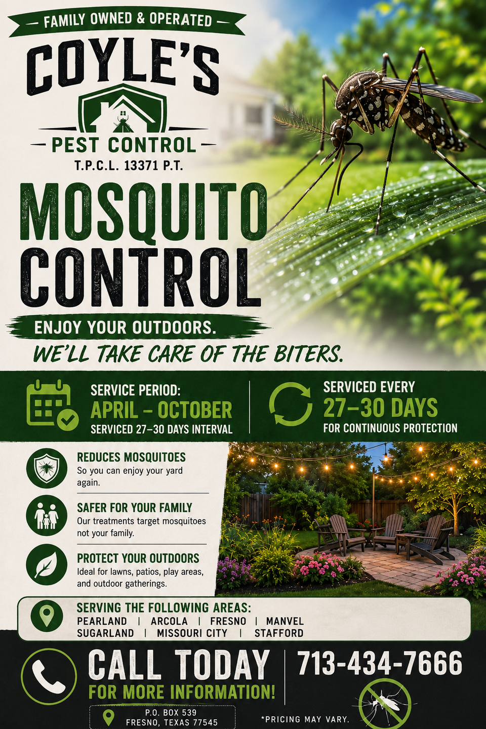 Coyles Pest Control mosquito control ad with mosquito on leaf and phone number 713-434-7666