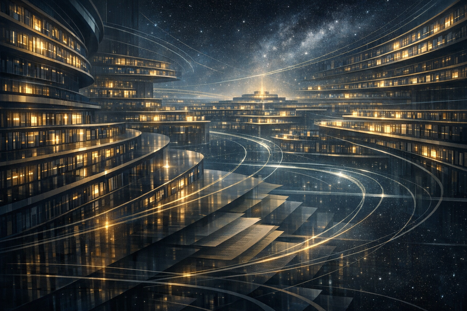 Futuristic cityscape at night with glowing buildings and curving illuminated roads under a starry sky