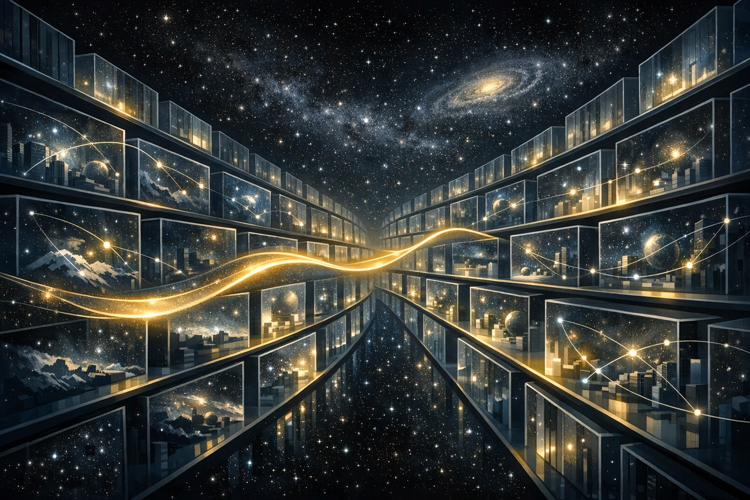 Futuristic city corridor with glowing golden lines and stars across a dark, mirrored high-rise interior