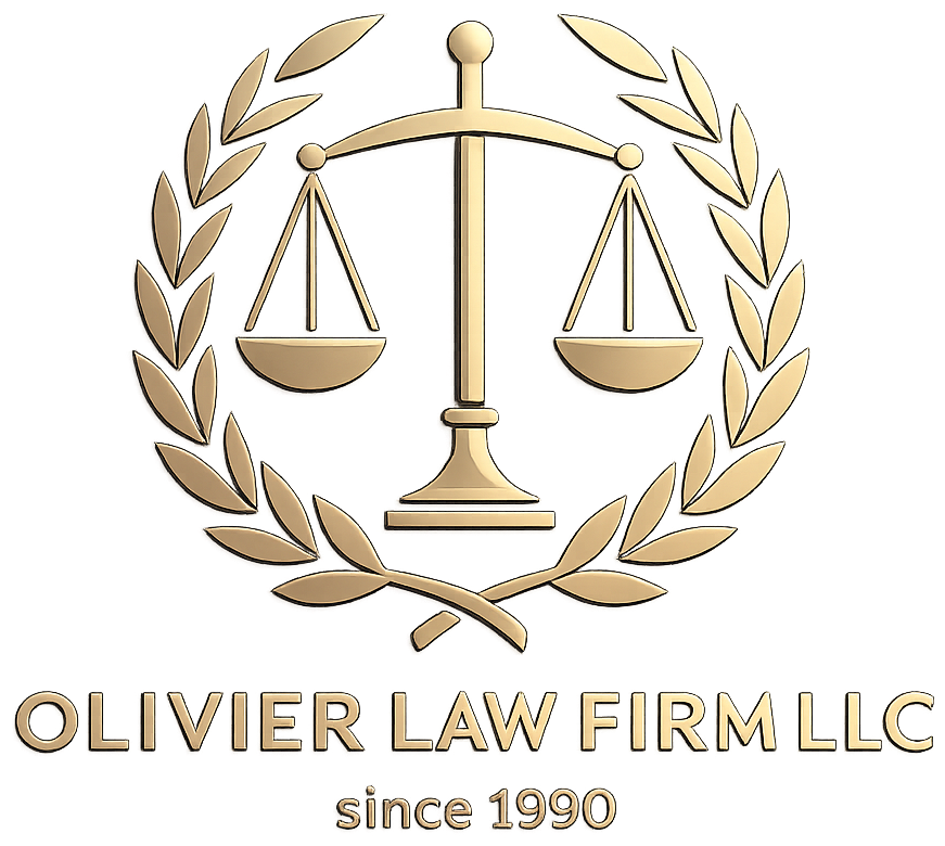 Olivier Law Firm LLC logo with gold scales of justice and laurel wreath; “since 1990” underneath
