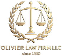 Olivier Law Firm LLC logo with gold scales of justice and laurel wreath; “since 1990” underneath