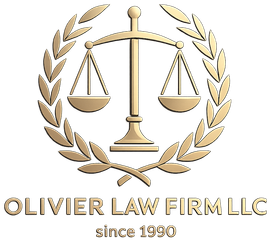 Olivier Law Firm LLC logo with gold scales of justice and laurel wreath; “since 1990” underneath