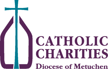 Catholic Charities Diocese of Metuchen logo: Purple and teal cross over church shape.