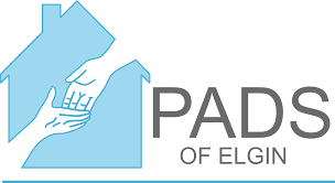 Light blue house with hands reaching; gray text