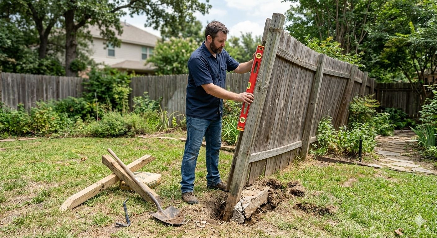 A close-up of a leaning wooden fence post being adjusted with a level tool on a green lawn