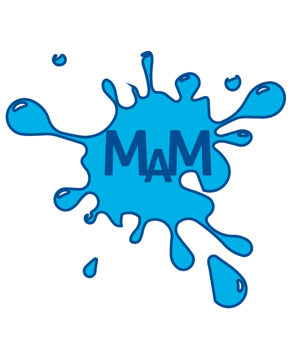 Ein blauer Spritzer mit dem Wort „Mam“ darauf