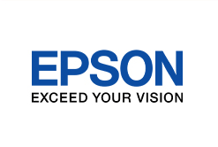 the epson logo is blue and black and says `` exceed your vision '' .
