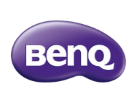 a purple benq logo on a white background