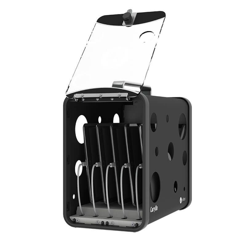 a black box with a clear lid is holding a bunch of knives .