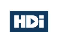 a blue and white logo for hdi on a white background .