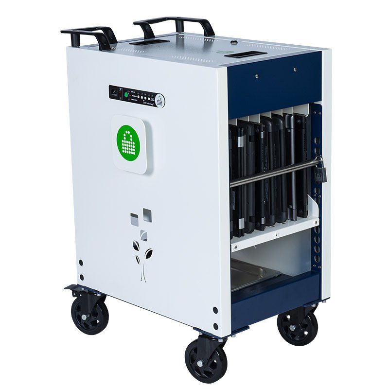 a white and blue cart with wheels and a green sticker on it .