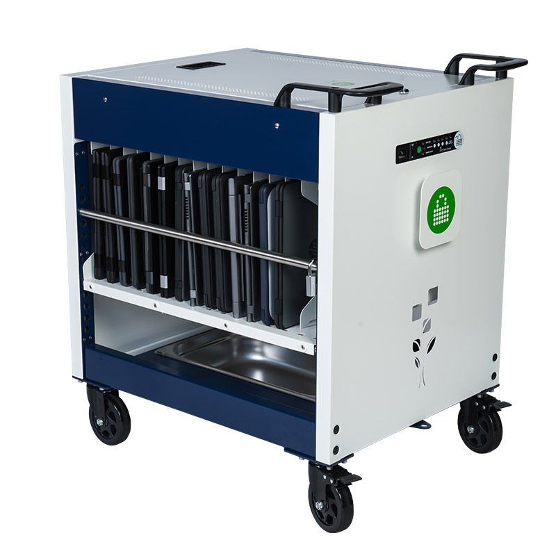 a white and blue cart filled with laptops on a white background