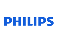 the philips logo is blue and white on a white background .