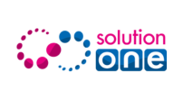 the solution one logo is a pink and blue circle with dots around it .