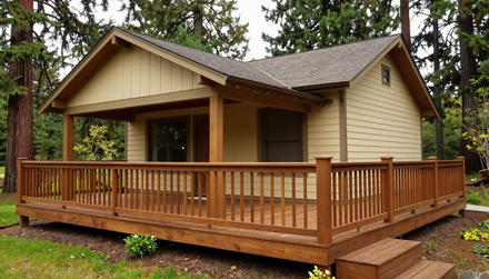 Wooden deck surrounds a cabin Wooden deck surrounds a cabin