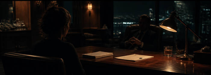 A writer across the desk from a financier in a dim night office, script pages under a desk lamp