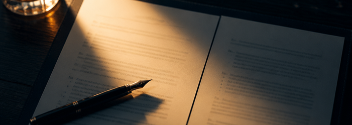 An open contract under a desk lamp with a fountain pen resting across the page
