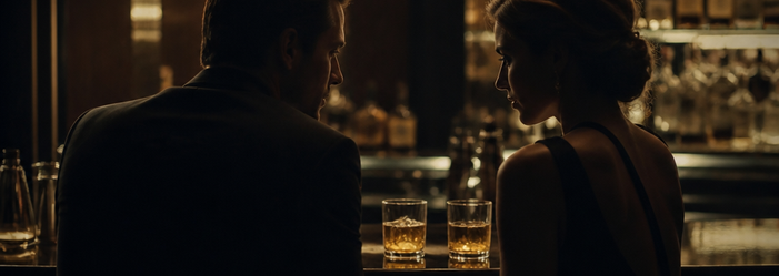 Two figures facing each other at a dark hotel bar, drinks between them