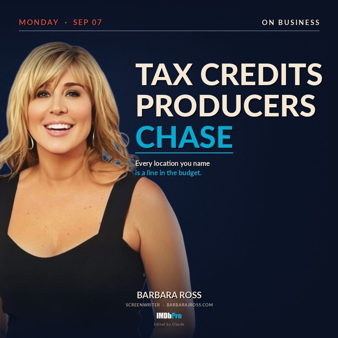 Social card reading Tax Credits Producers Chase, with a photo of screenwriter Barbara J. Ross