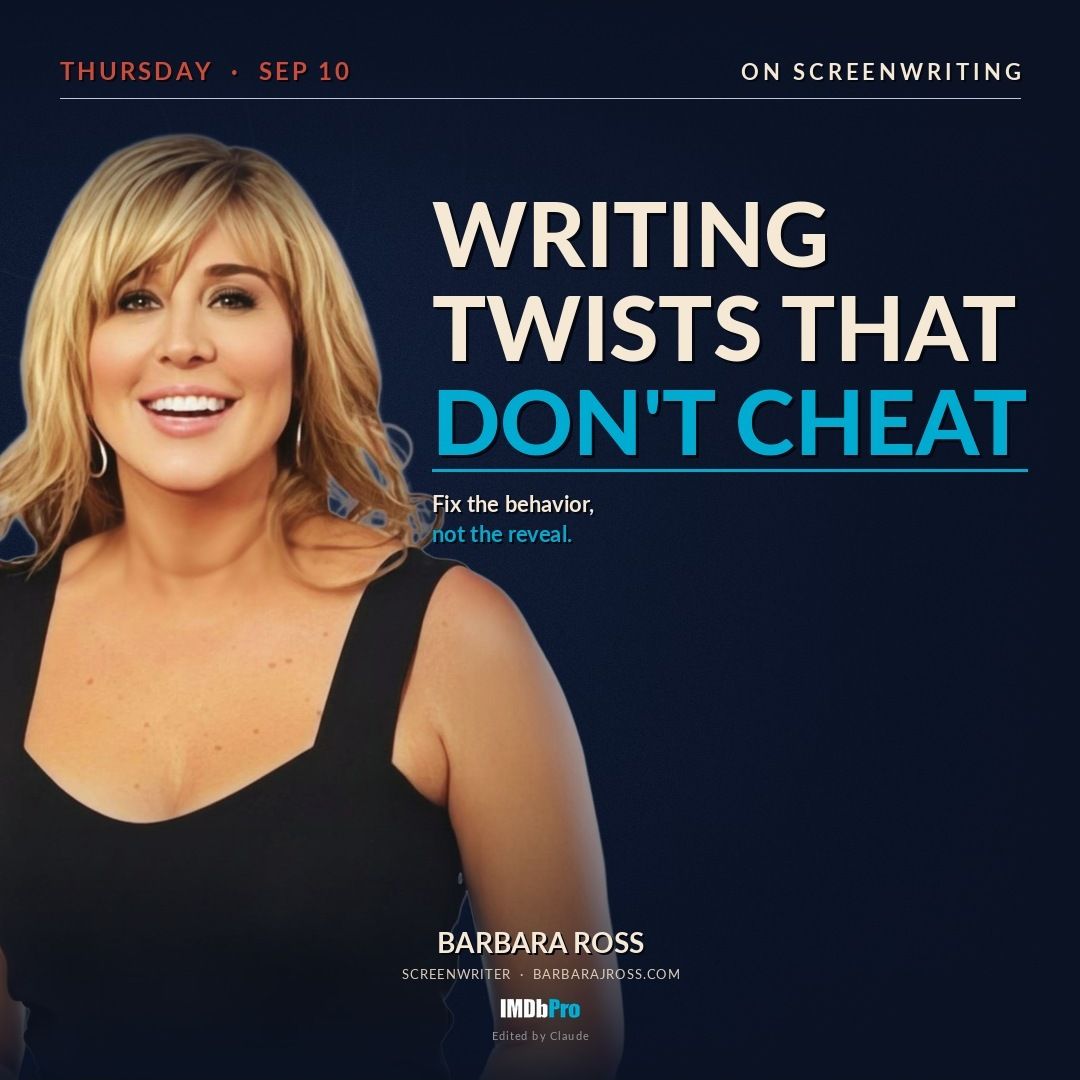 Social card reading Writing Twists That Don't Cheat, with a photo of screenwriter Barbara J. Ross