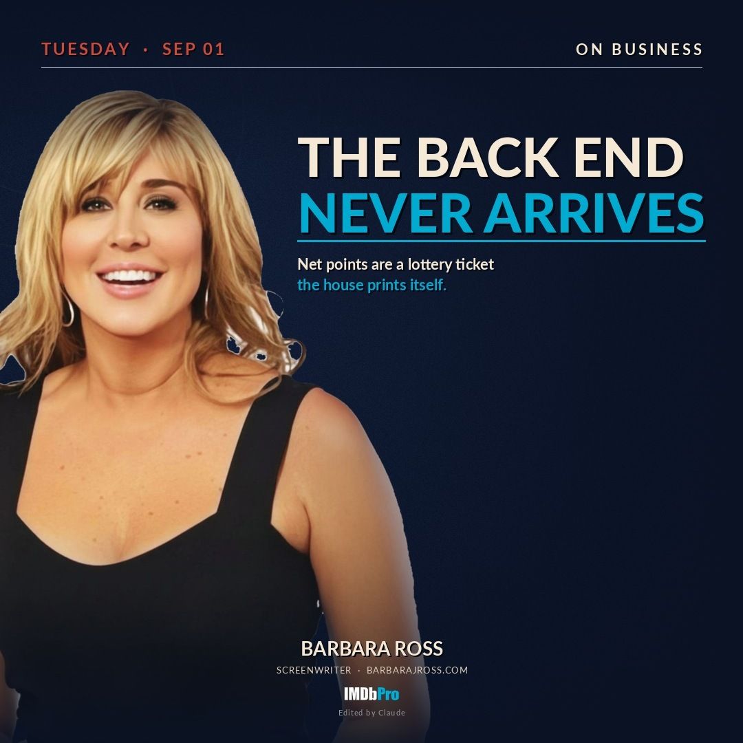 Social card reading The Back End Never Arrives, with a photo of screenwriter Barbara J. Ross