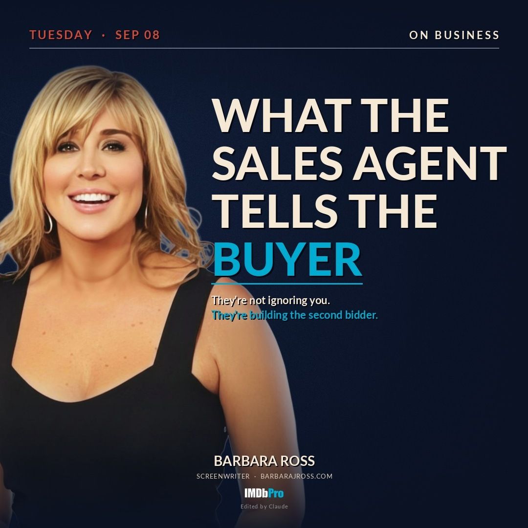 Social card reading What the Sales Agent Tells the Buyer, with a photo of screenwriter Barbara J. Ross