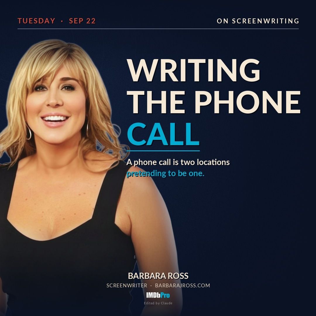 Light blue blog card reading Writing the Phone Call, tagged On Screenwriting, with a photo of Barbar