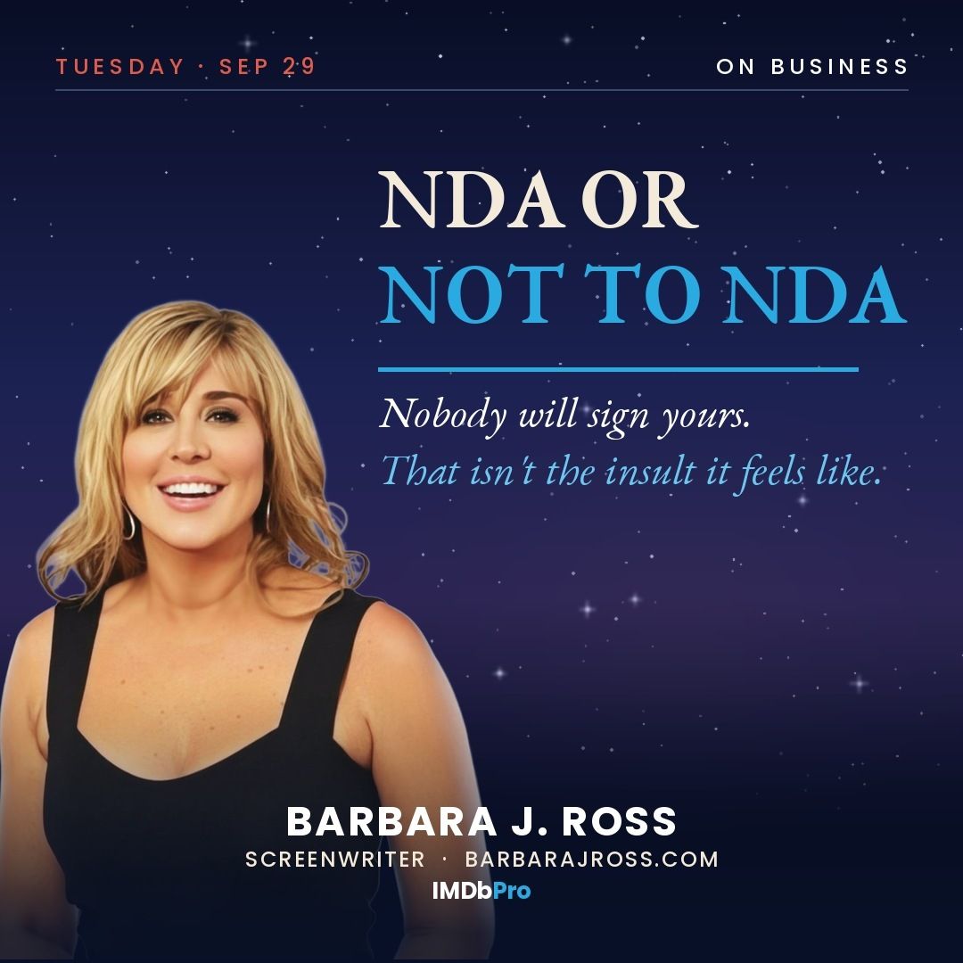 Social card reading NDA or Not to NDA, with a photo of screenwriter Barbara J. Ross