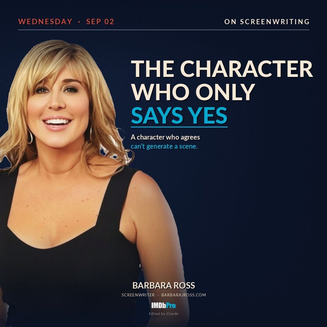 Social card reading The Character Who Only Says Yes, with a photo of screenwriter Barbara J. Ross