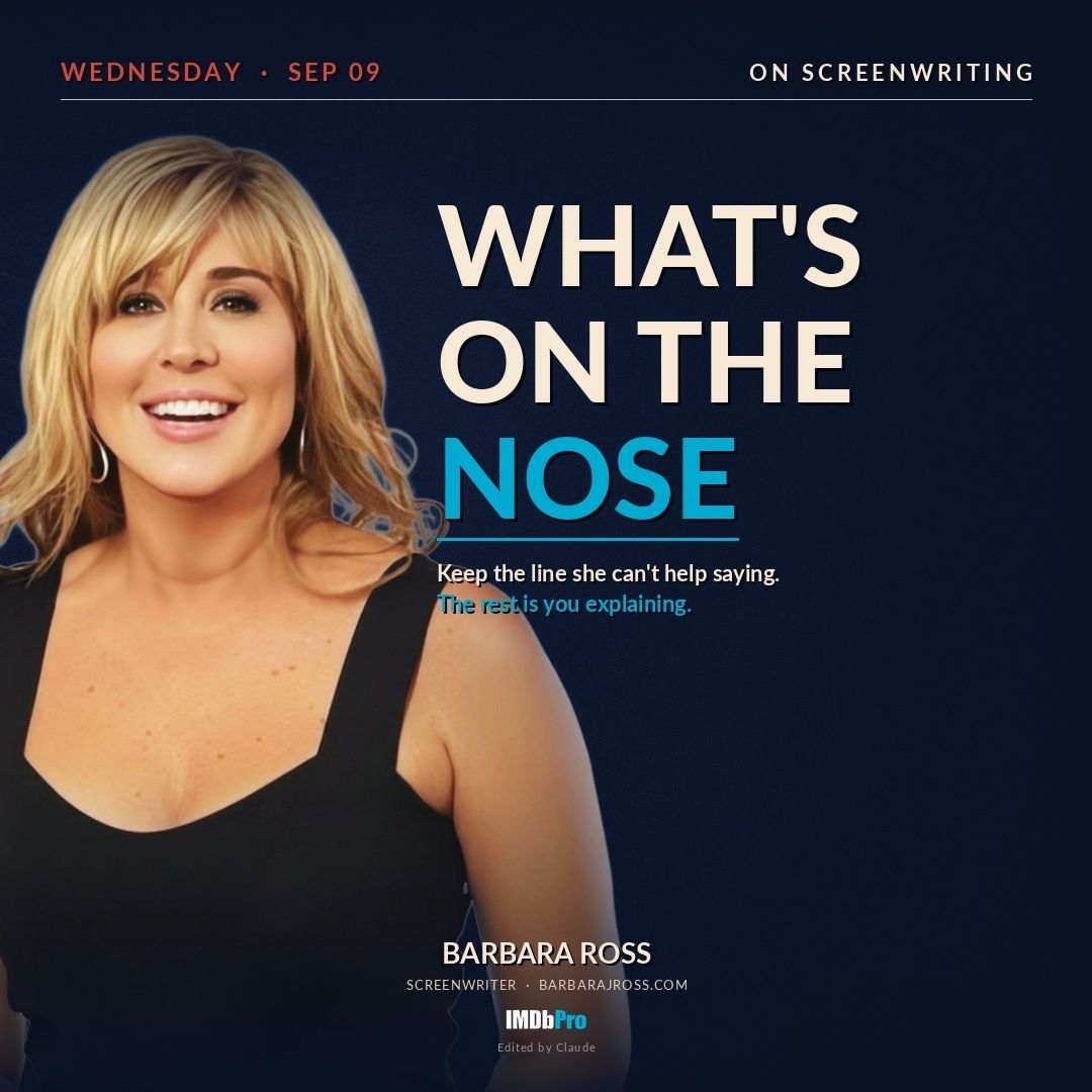 Social card reading What's On the Nose, with a photo of screenwriter Barbara J. Ross