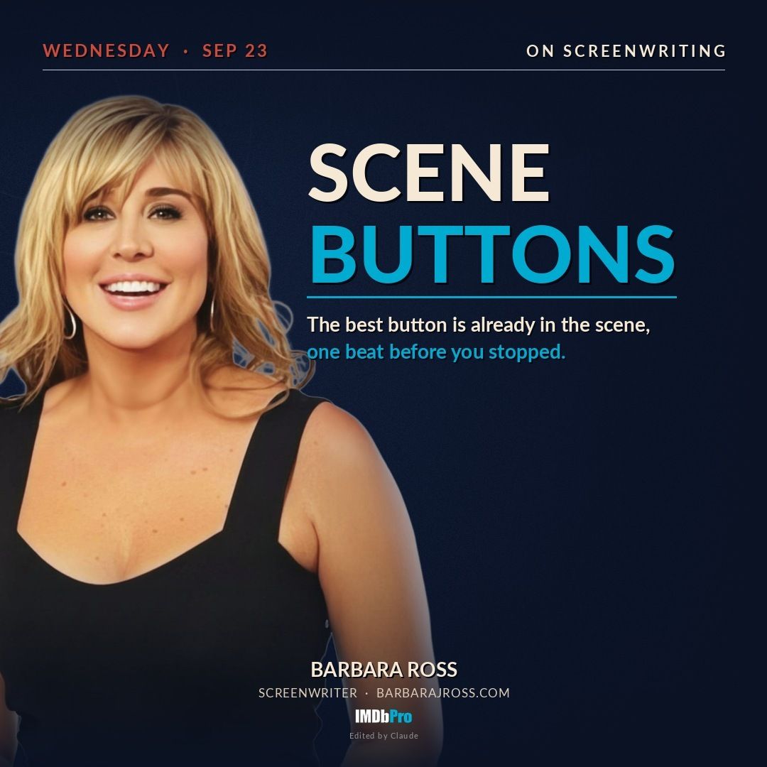 Light blue blog card reading Scene Buttons, tagged On Screenwriting, with a photo of Barbara J. Ross