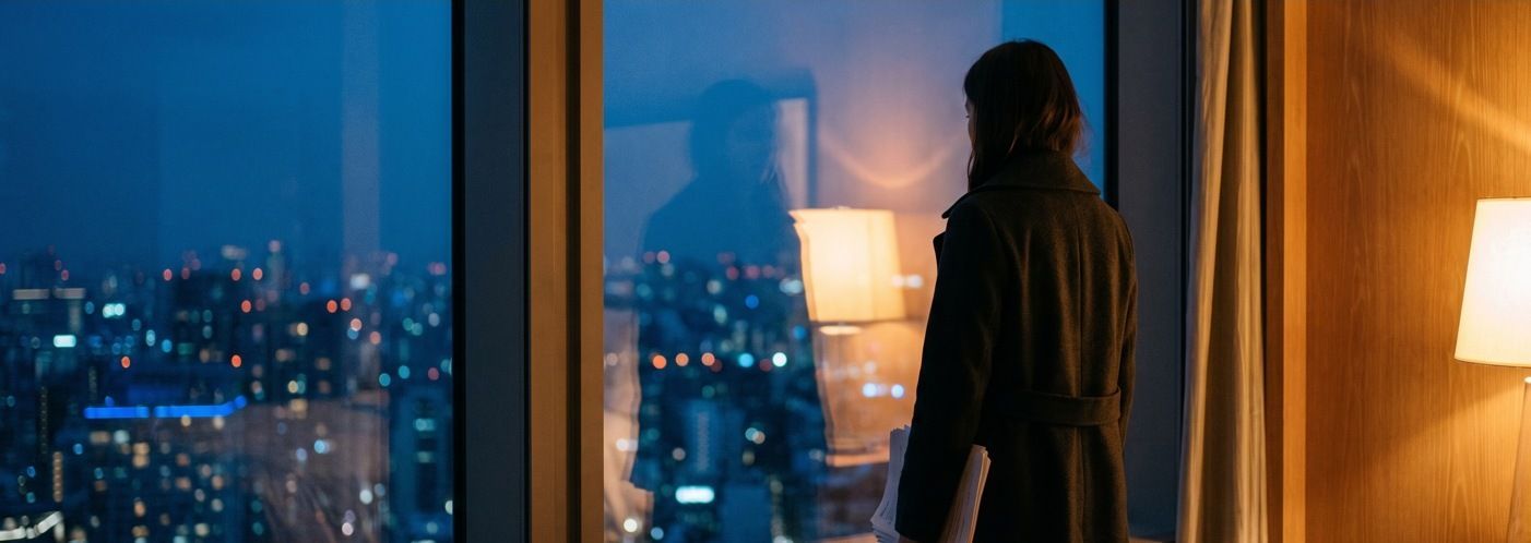 A woman at a tall window at dusk with pages at her side, city lights beyond the glass
