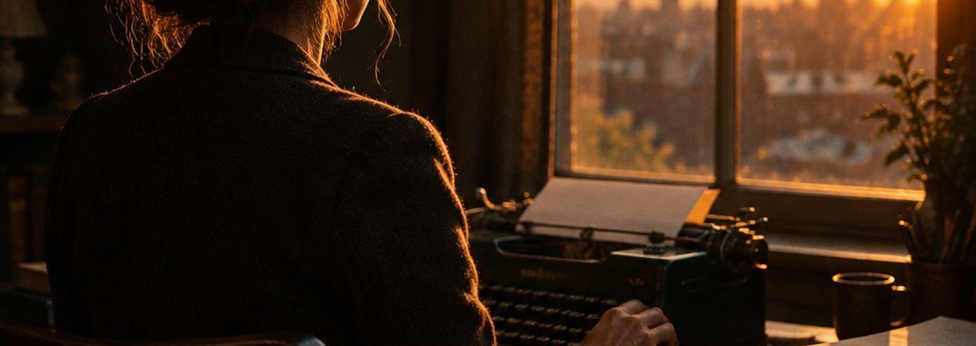 A woman writing at a manual typewriter beside a window at first light, warm dawn coming through the glass