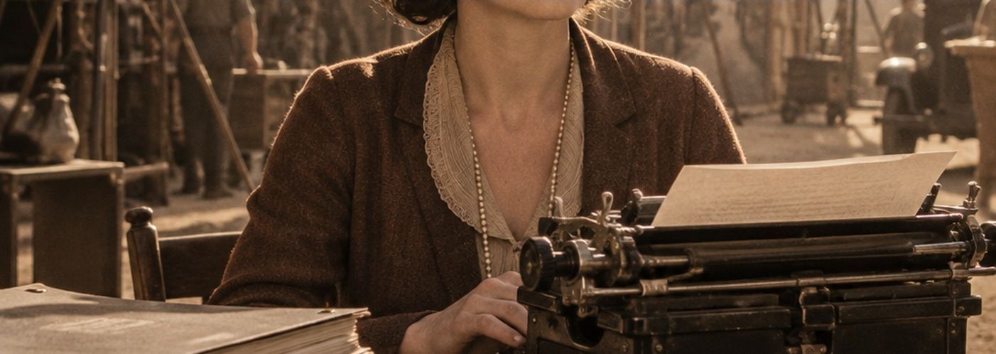A woman at a typewriter in a lamplit studio office, pages stacked beside her
