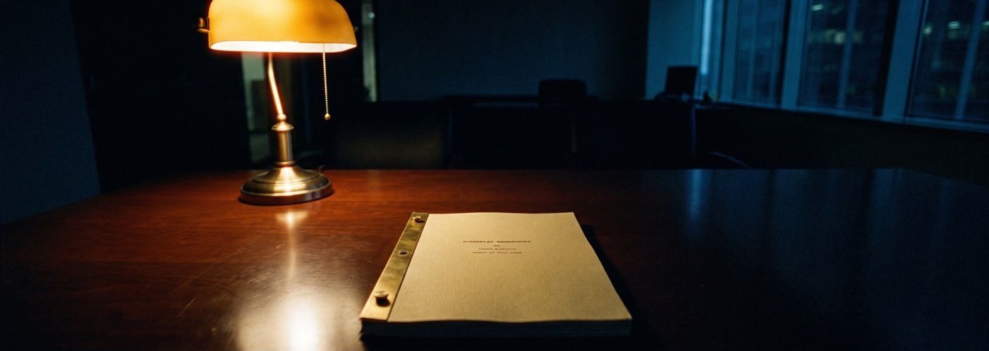 A bound script alone on an executive desk under a lamp, the office dark behind it
