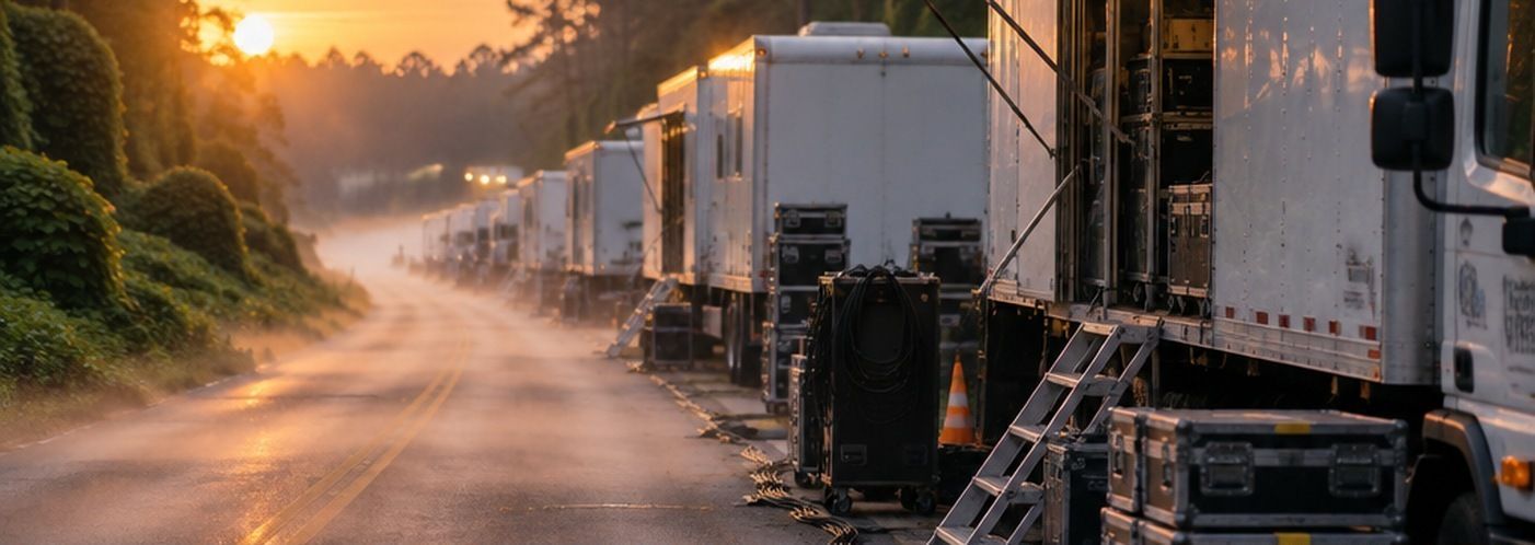Production trucks and equipment staged on a location street before call time