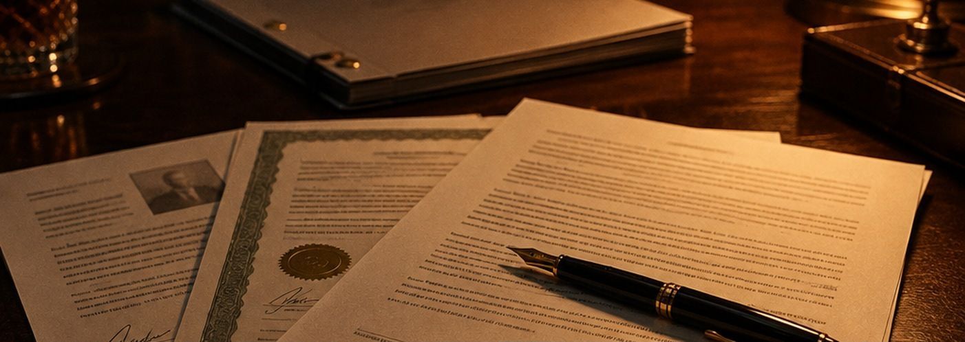 Signed legal documents and a fountain pen on a dark desk under a warm lamp, with a stack of brad-bound screenplay pages behind