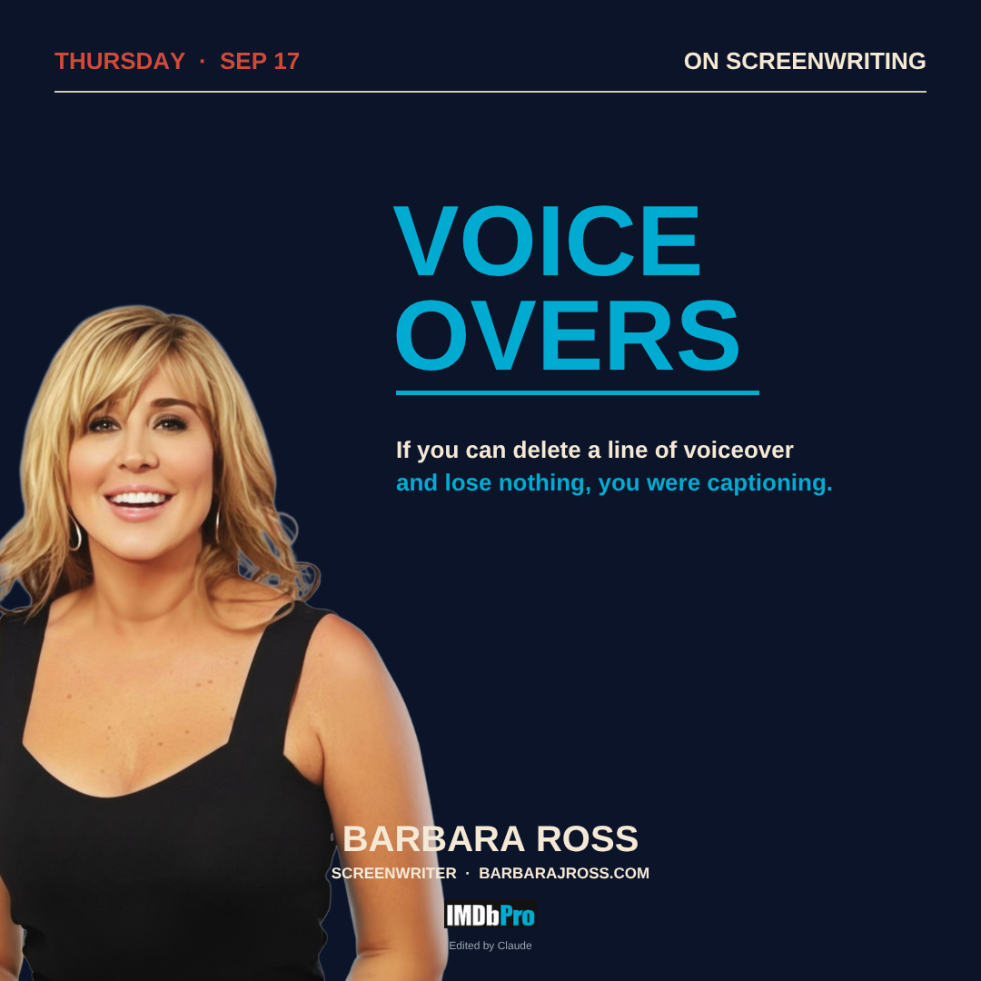 Blog card reading Voiceovers, with a photo of screenwriter Barbara Ross on a dark blue background