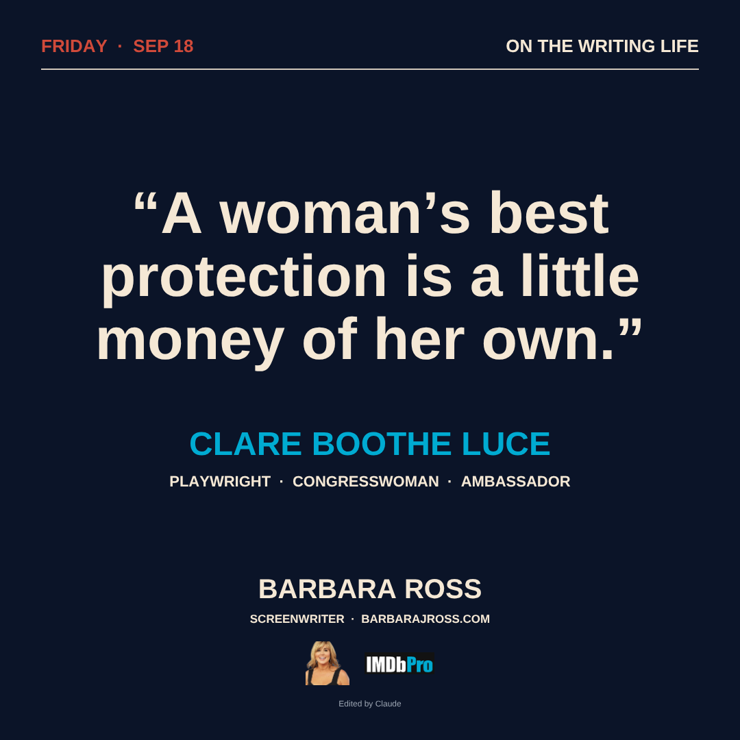 Dark blue quote card reading A woman's best protection is a little money of her own, credited to Cla