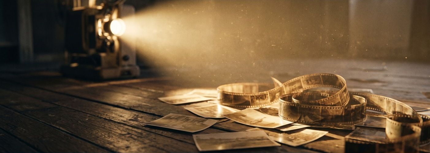 Film strip and old photographs on a wooden floor under a shaft of projector light