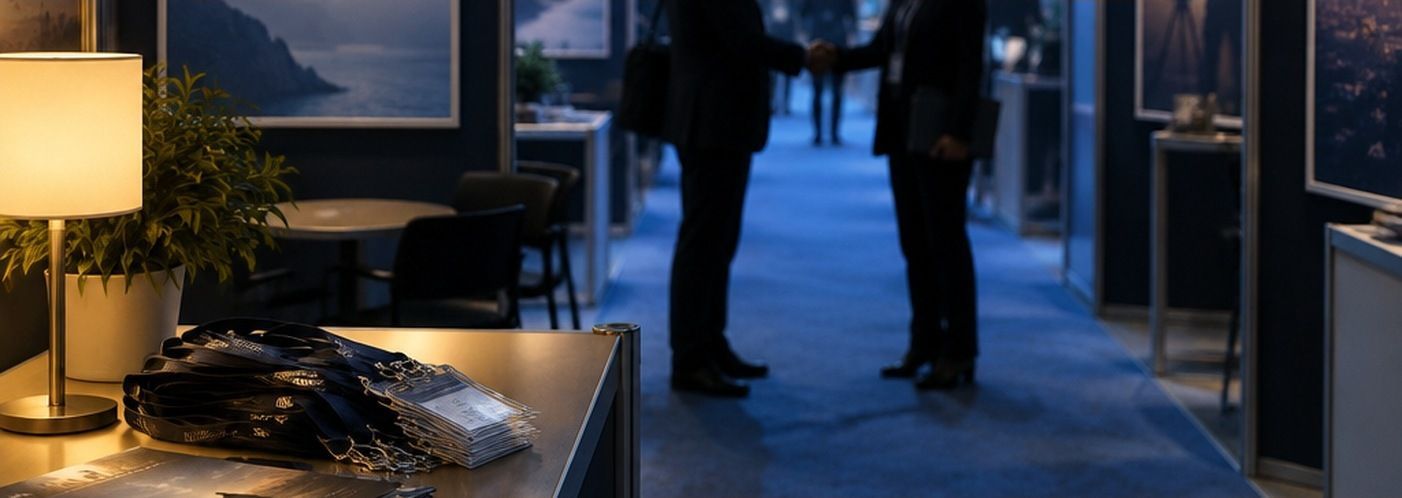 Two people in suits talking across a stack of paperwork at a film market booth