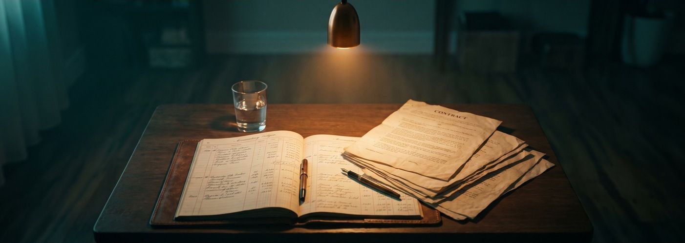 An open accounting ledger and a stack of contract pages on a dark table under one light