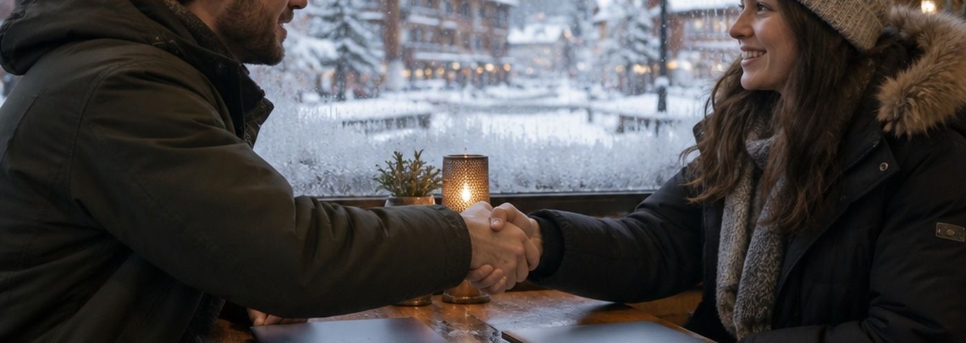 Two people shaking hands across a cafe table with snow falling outside the window