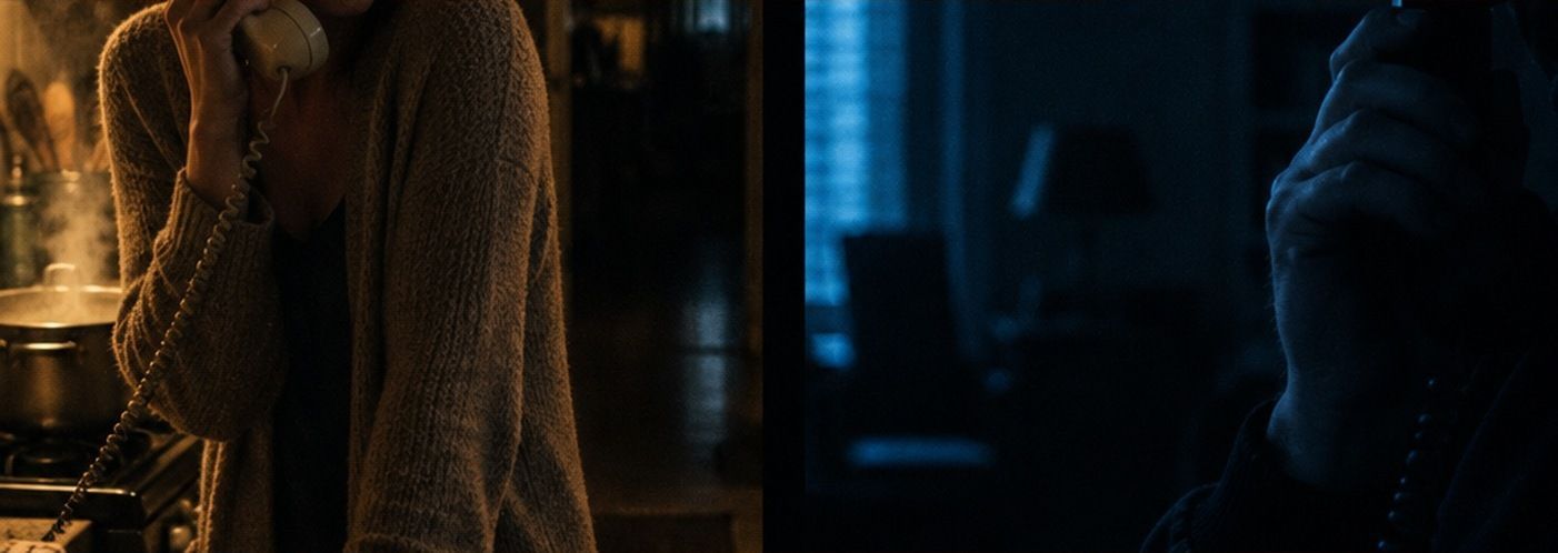 A split frame: a warmly lit kitchen on one side and a dark unlit room on the other, two locations in one image